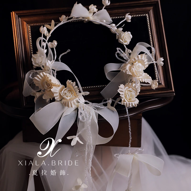 夏拉新款甜美新娘头饰温柔香槟串珠流苏飘逸蝴蝶结婚纱晨袍发饰品