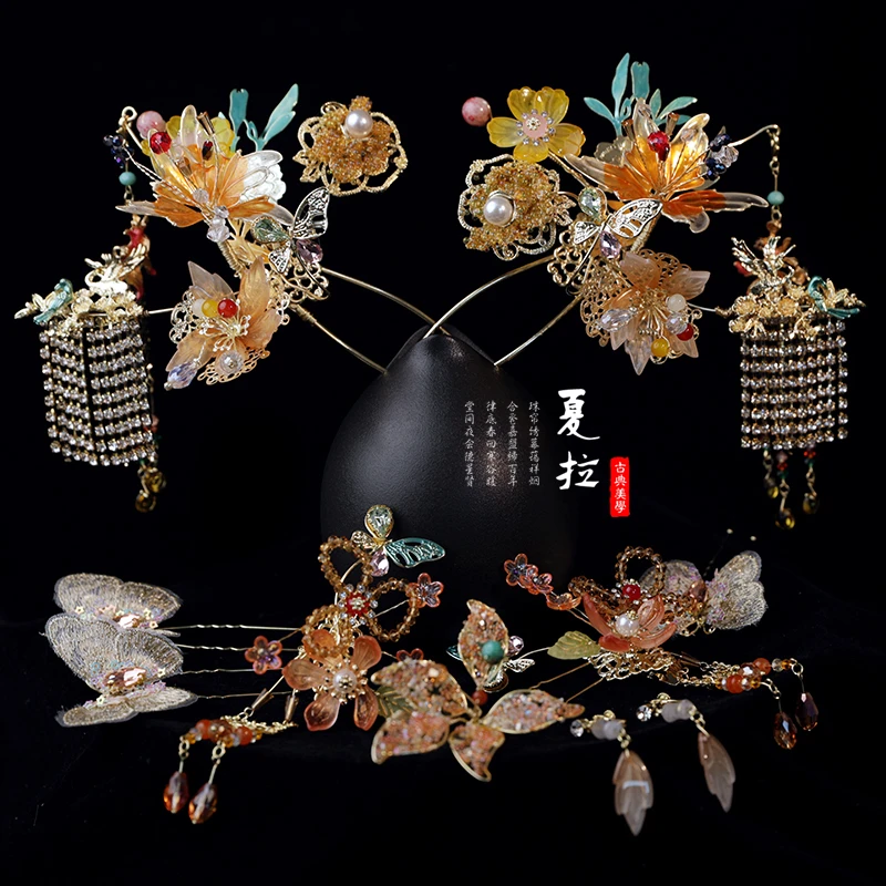 新款古装发饰橘黄色系新娘古风秀禾结婚礼头饰蝴蝶饰品步摇套装