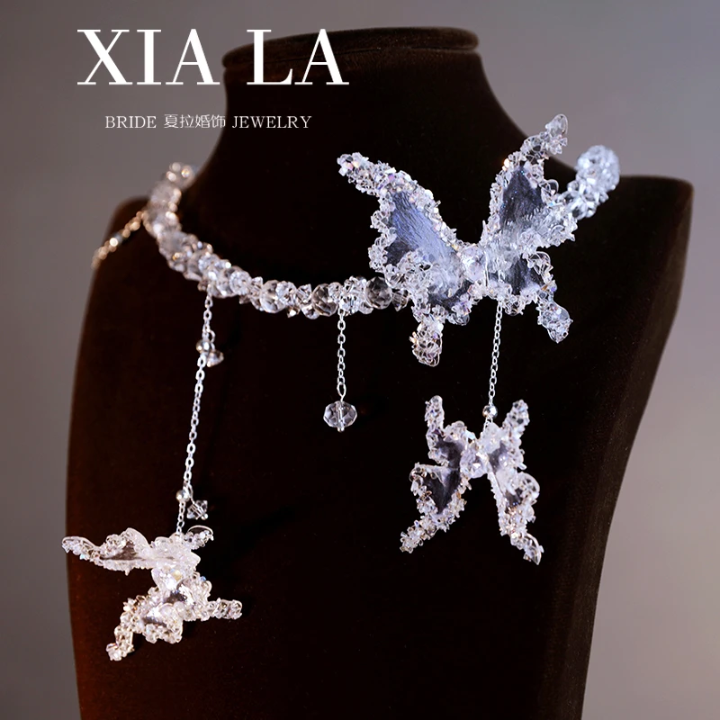 合金仿水晶项链 新款透明串珠蝴蝶流苏闪耀新娘项链超仙派对颈链