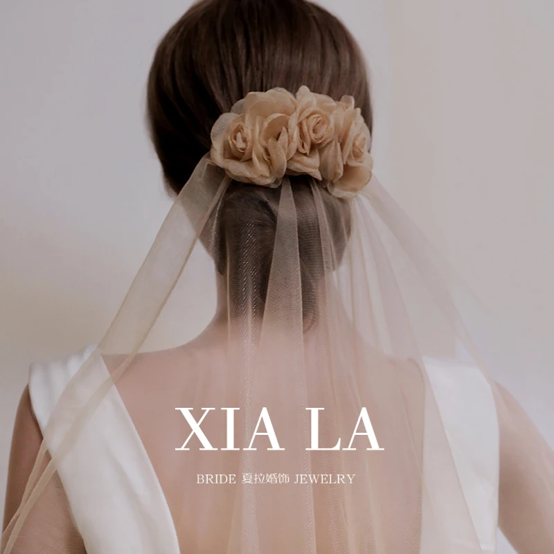 夏拉原创新款气质卡其色手工纱花朵新娘头纱长款拖尾婚纱样片头饰
