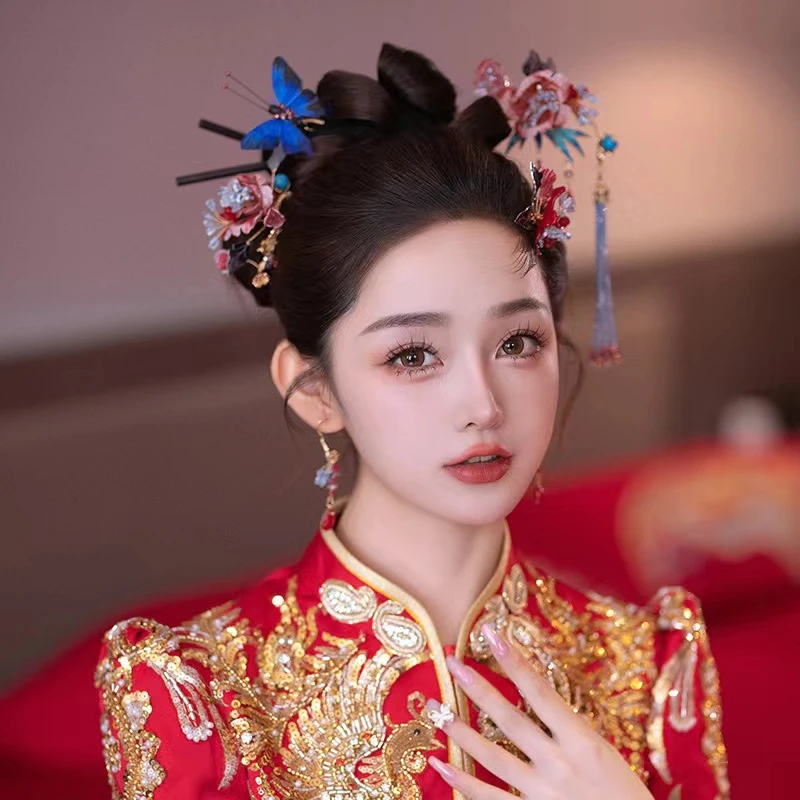 2023新款中式古风秀禾服头饰减龄新娘古装发饰流苏步摇发钗套装