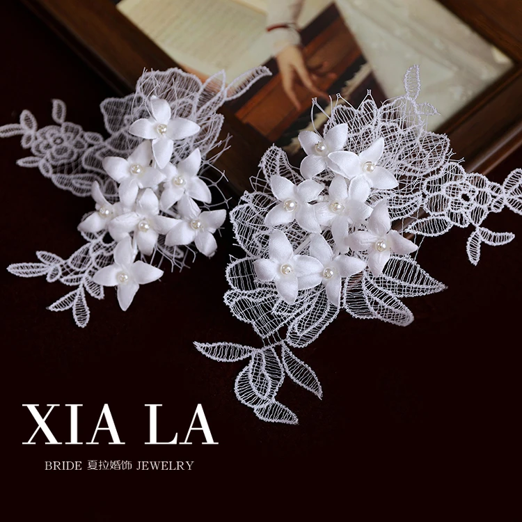 非金属布艺耳饰 蕾丝花朵耳环甜美风手工白色新娘婚纱结婚饰品