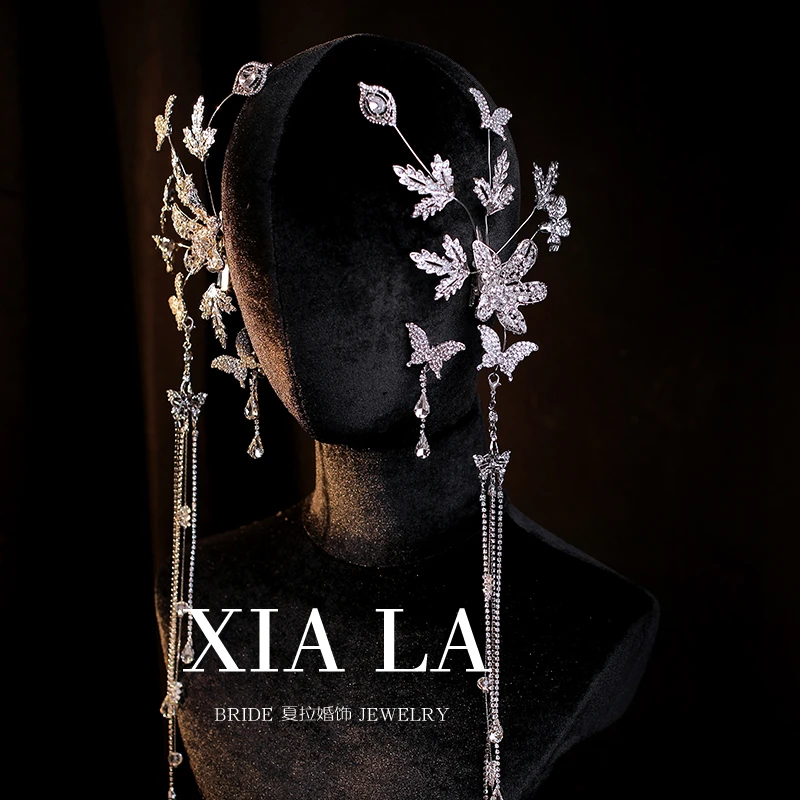 夏拉闪钻镂空设计感金属花瓣新娘头饰气质流苏发夹头饰品耳夹套装