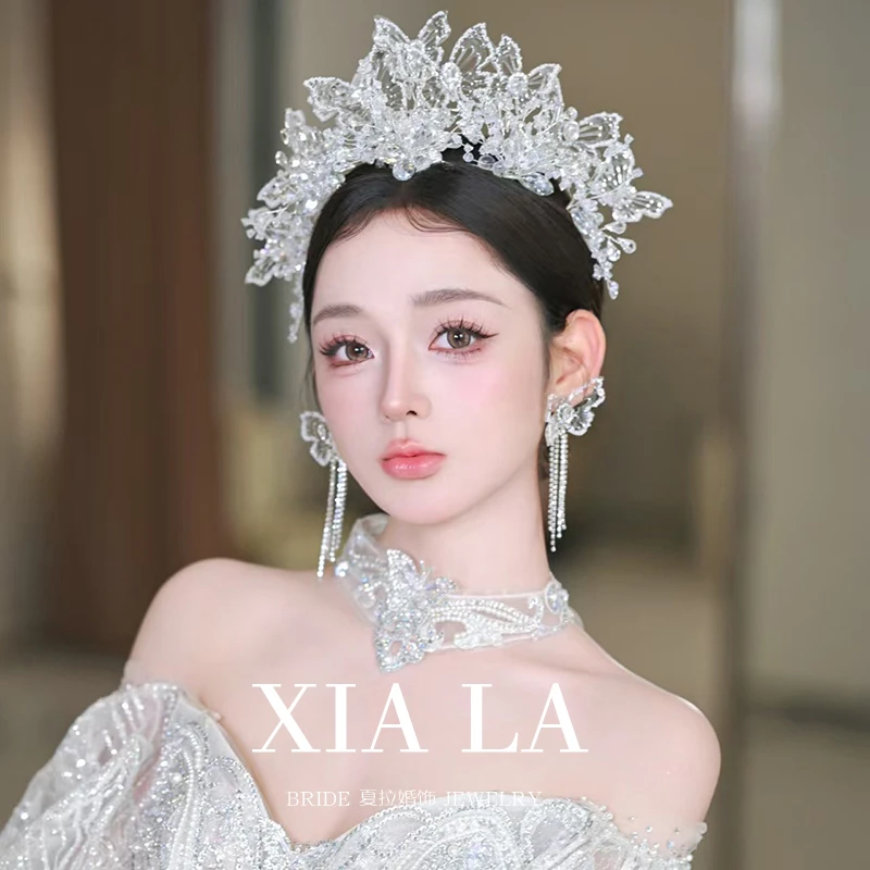 S009夏拉奢华质感透明仙气蝴蝶头冠新娘水晶皇冠婚纱婚礼头饰套装