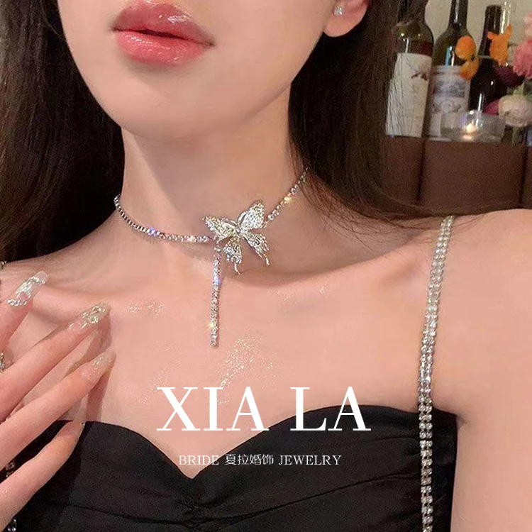 非金属合成锆石婚庆饰品 夏拉超闪时尚新款精灵蝴蝶流苏项链耳挂