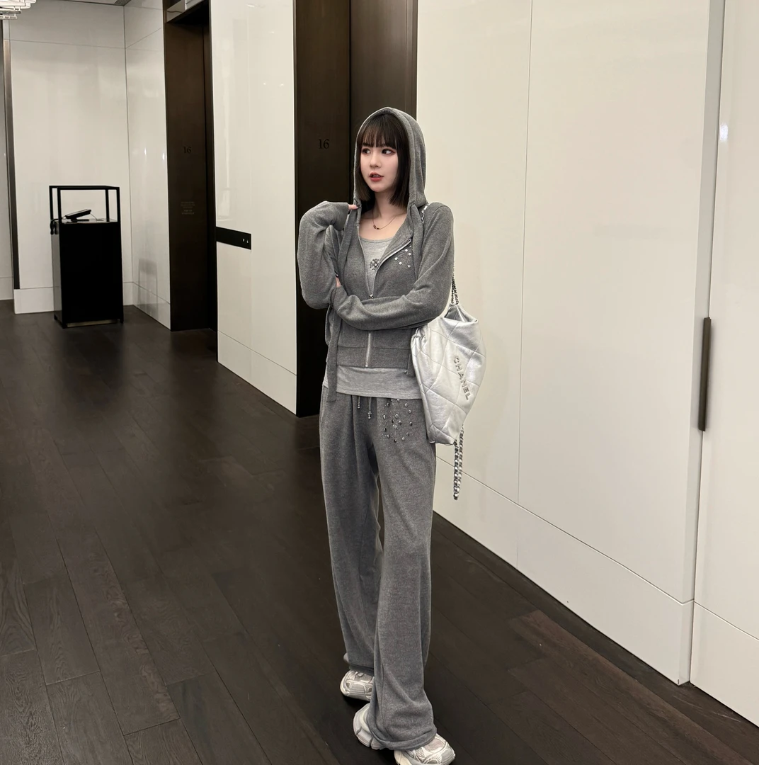 【小婵】时尚休闲灰色重工春秋连帽套装FW7360（吊带+外套+裤子）