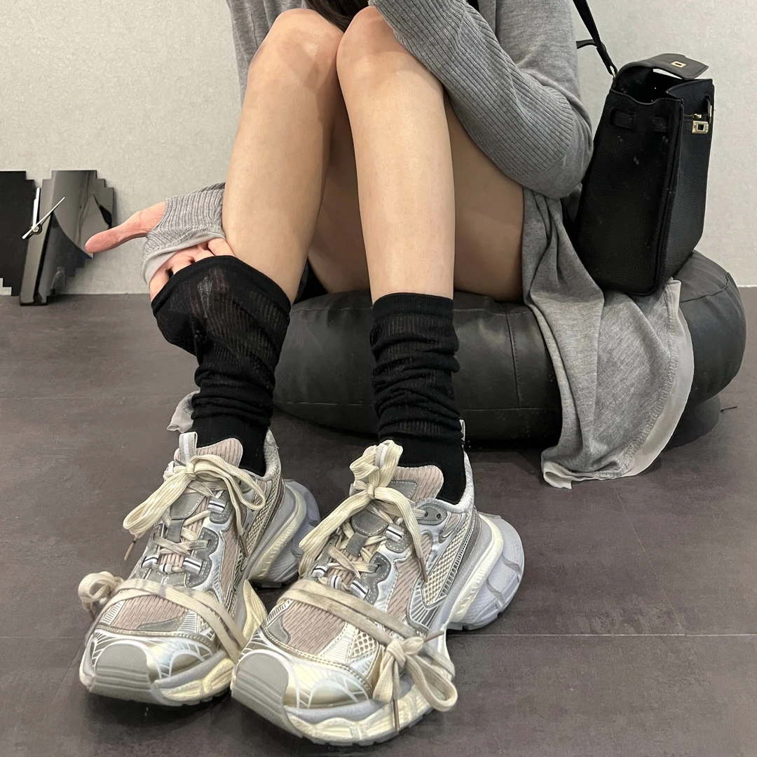 YING2夏季新款灰白黑丝光棉透女袜百搭无骨透气中筒堆堆袜网红
