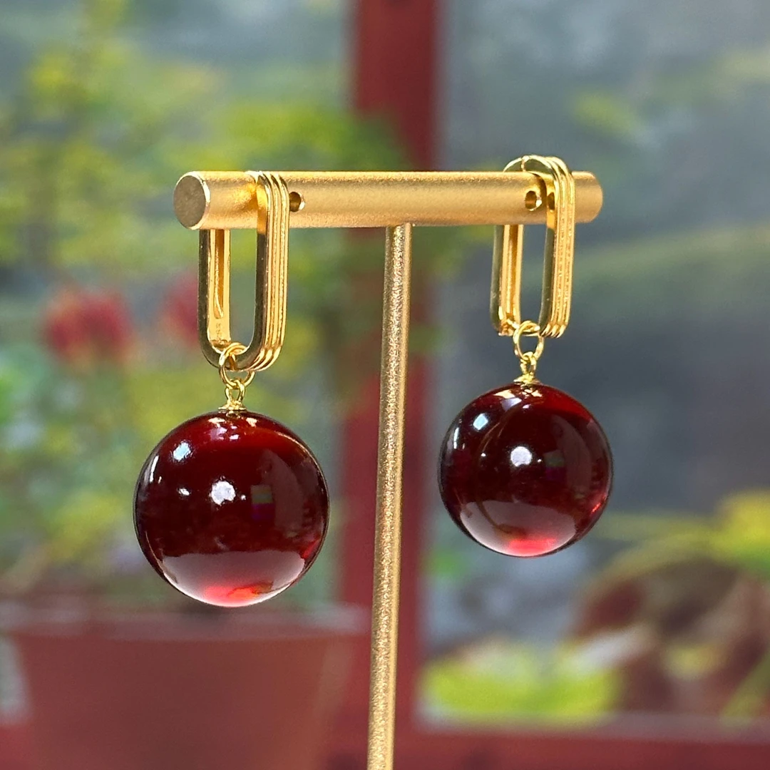 洋羊珠宝-20+缅甸血珀圆珠耳环气质时尚精致轻奢优雅精美高贵百搭