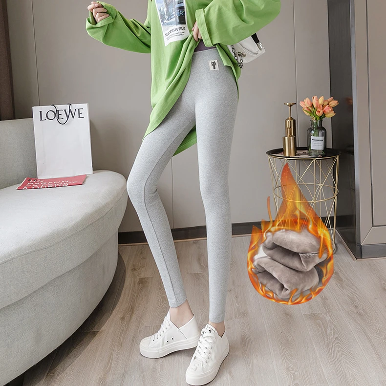 小猫新款秋冬季加绒浅灰色打底裤女内外穿高腰保暖小脚秋裤显瘦