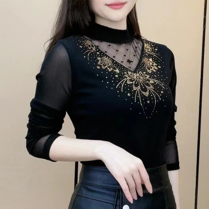 烫钻烟花网纱打底衫女2023新款爆款修身显瘦T恤长袖内搭T恤上衣潮