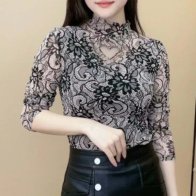 洋气网纱打底衫女2023早春时尚印花T恤长袖性感镂空内搭上衣潮