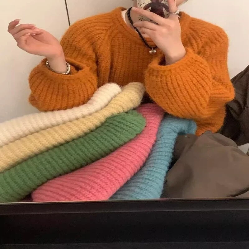 慵懒风卷边粗毛线毛衣2025秋冬新款女宽松显瘦韩版圆领上衣针织衫