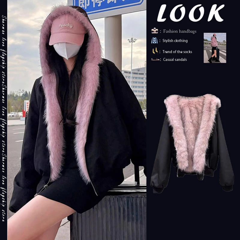 美式复毛毛领连帽工装短外套女秋冬季新款双面穿加厚毛绒保暖棉服