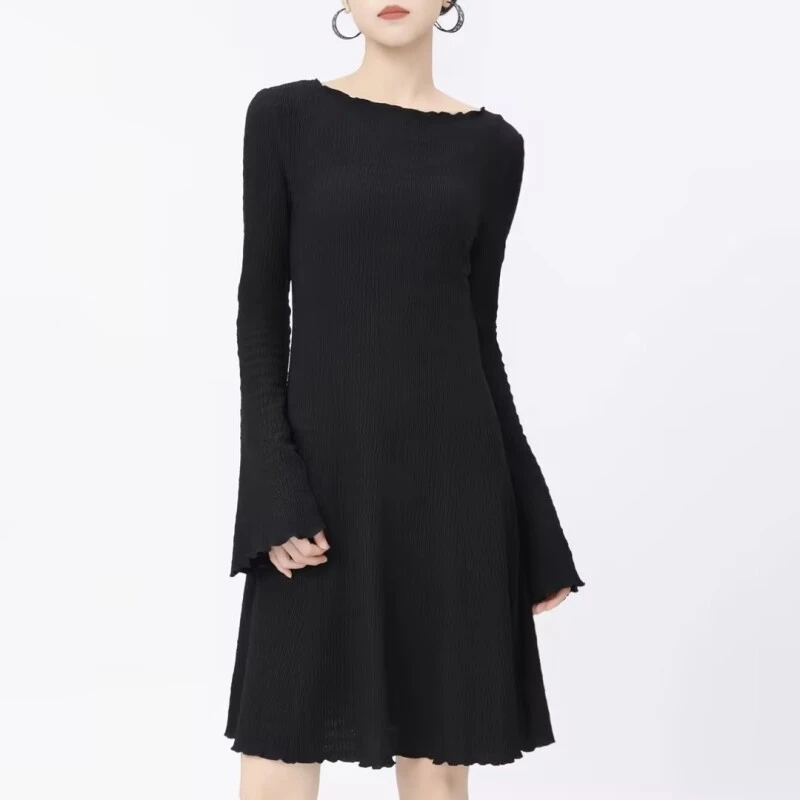哥弟秋冬雾感黑裙长袖显瘦辣妹法式黑色复古内搭连衣裙 1500543