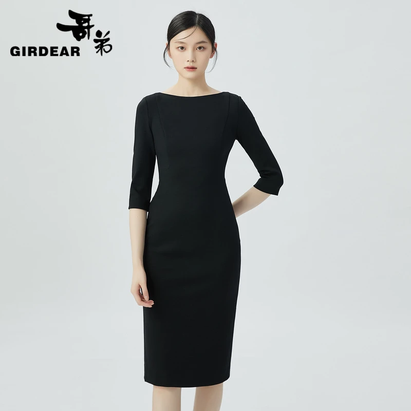 哥弟黑色连衣裙修身气质显瘦通勤时尚极简七分袖开叉1500284