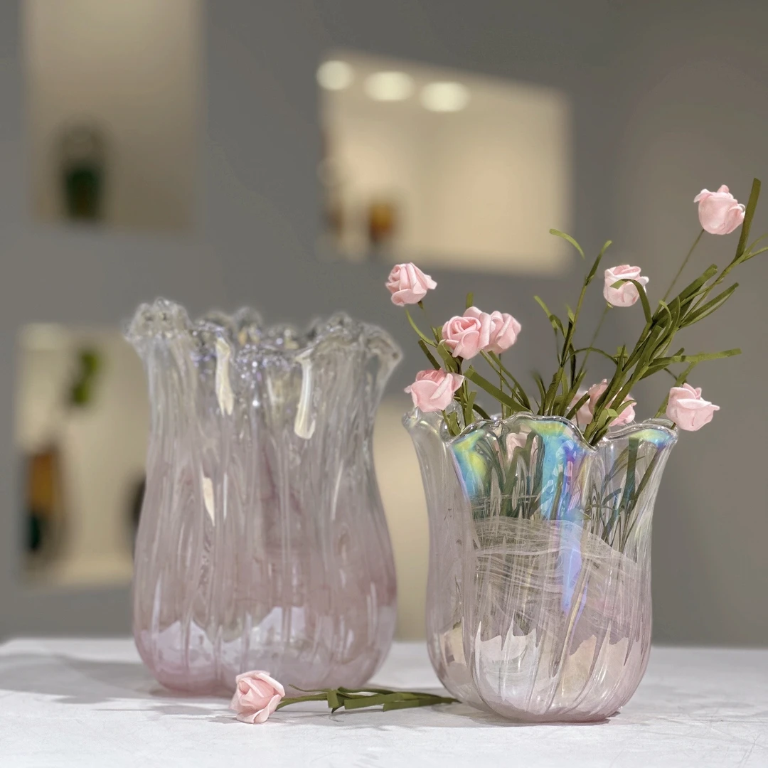 法式粉色幻彩亮瓷手工花瓶创意轻奢水养花花器家居装饰品摆件A048