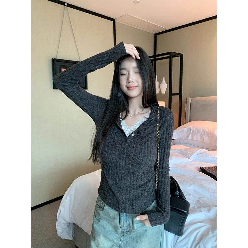 假两件v领蕾丝拼接针织衫女秋冬内搭打底衫修身长袖百搭精致上衣