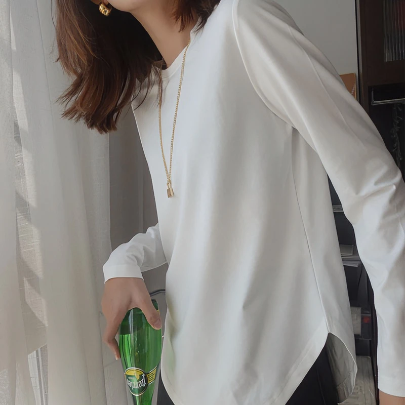 白色中长款T恤女春秋季宽松下摆圆弧形百搭遮肉显瘦丝光棉上衣长t
