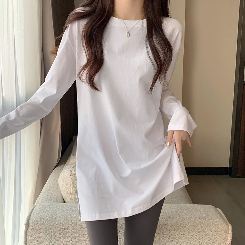 白色T恤女中长款宽松韩版遮臀女士休闲纯棉开叉内搭长袖打底上衣
