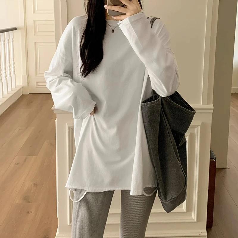 【配鲨鱼裤】白色长袖t恤女秋款破洞百搭下衣失踪中长款遮臀打底衫