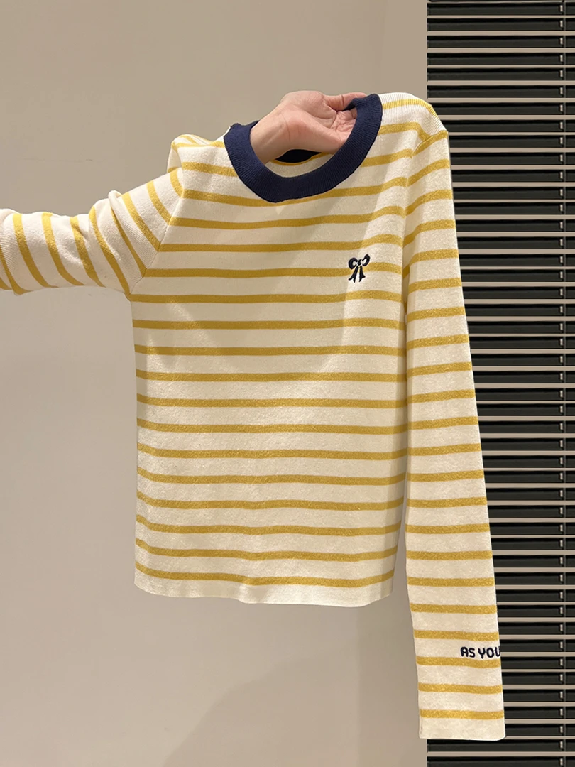 撞色条纹蝴蝶结刺绣长袖针织衫2024秋冬季修身打底衫通勤女装上衣