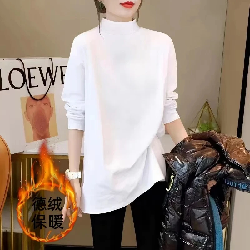 半高领双面德绒保暖打底衫女秋冬季宽松中长款遮屁股内搭上衣加厚