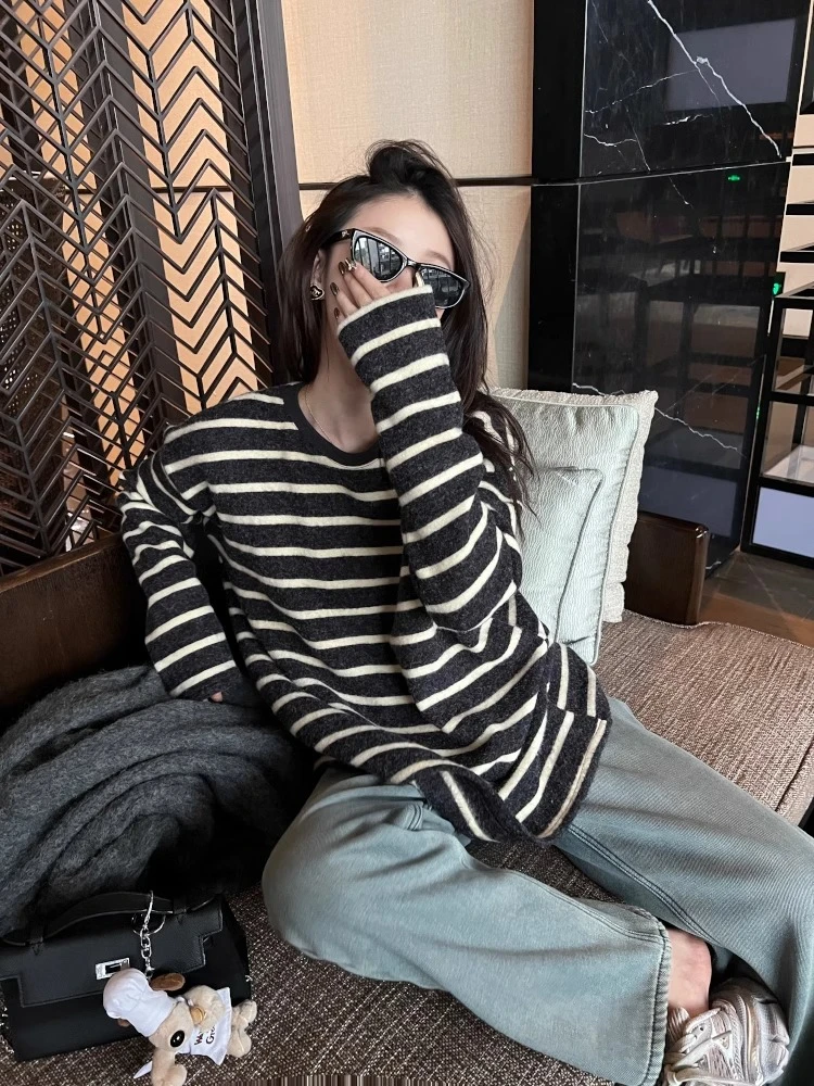 海盐奥利奥磨毛加厚慵懒宽松显瘦长袖条纹t恤女秋冬内搭长袖上衣