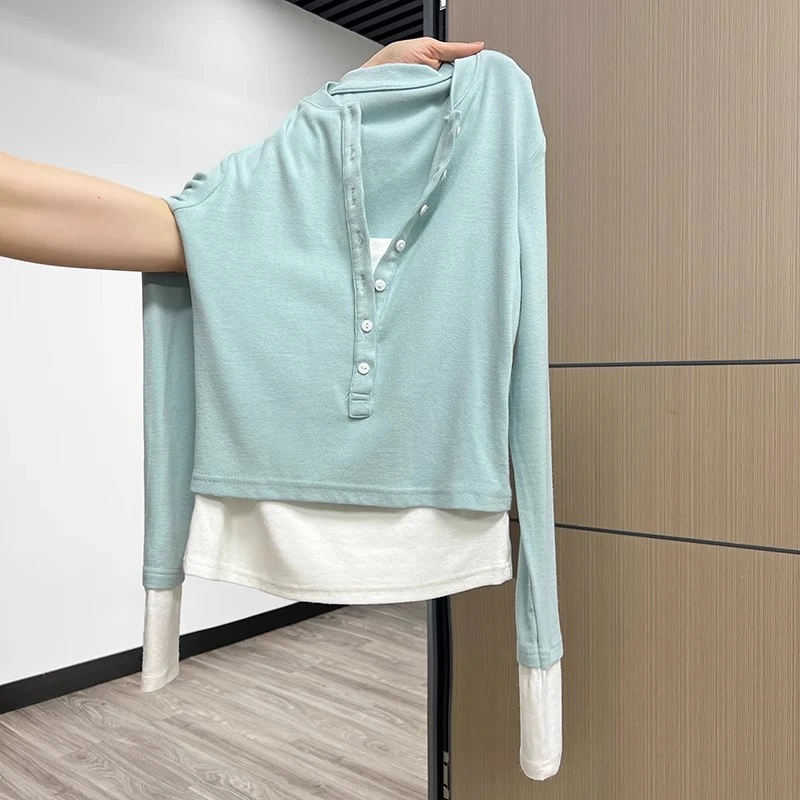 薄荷绿半开领假两件纯欲性感长袖T恤2024年秋季修身打底衫上衣女