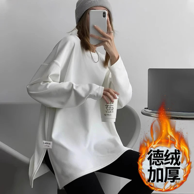 加绒保暖中长款打底衫女内搭遮臀叠穿T恤冬季高档开叉加厚上衣白t