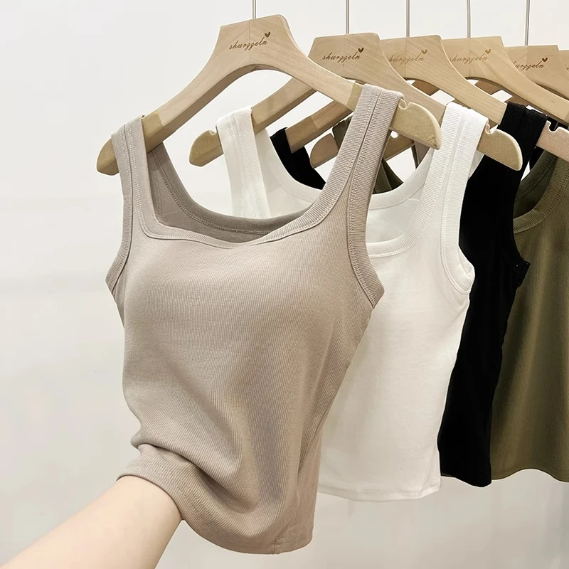 方领无袖吊带小背心女秋冬带胸垫美背文胸一体遮副乳外穿内搭上衣