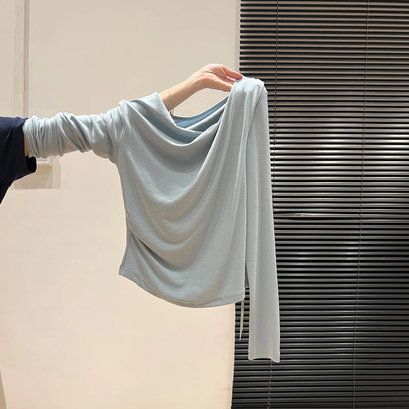 法式浅蓝色荡领斜肩长袖T恤女2024年秋冬季修身打底小衫内搭上衣