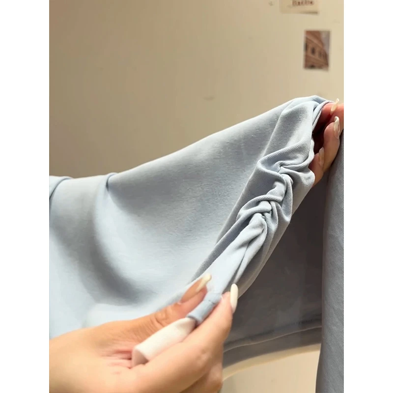 多巴胺浅蓝色青春长袖T恤早秋假两件褶皱收腰显瘦别致内搭上衣女