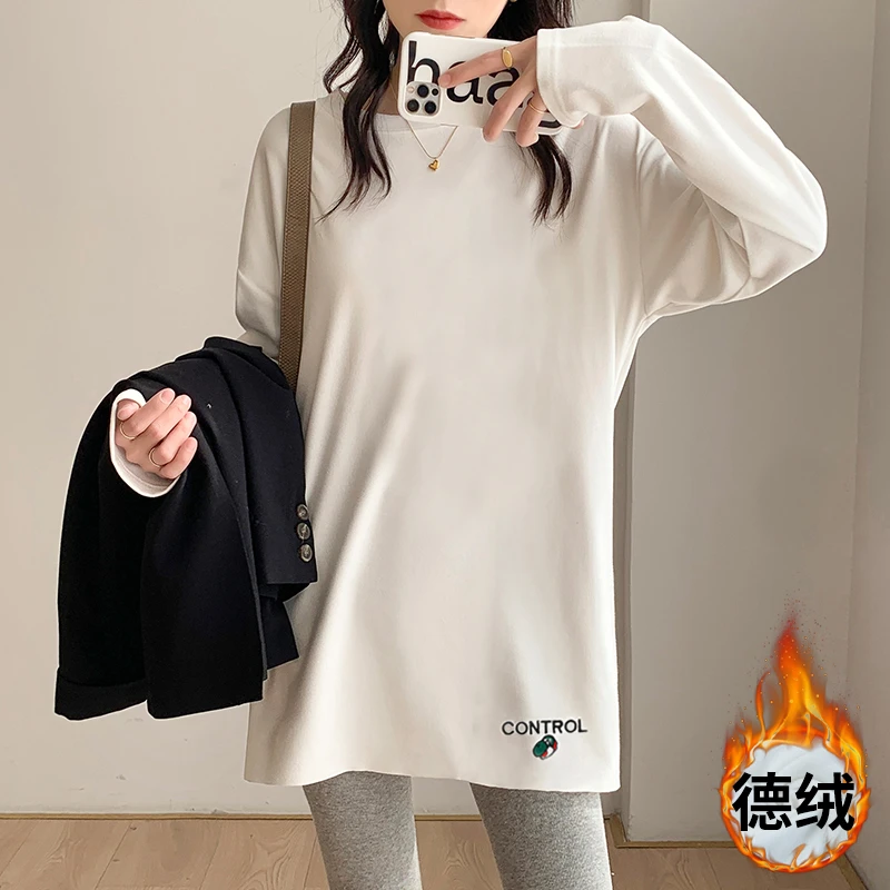 中长款圆领打底衫女秋冬内搭遮臀德绒加厚款长袖T恤品质女装上衣