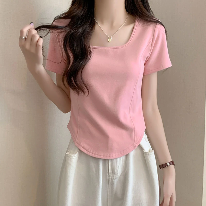 辣妹方领短袖修身T恤女士2023夏季新款欧货洋气鱼骨短款正肩小衫