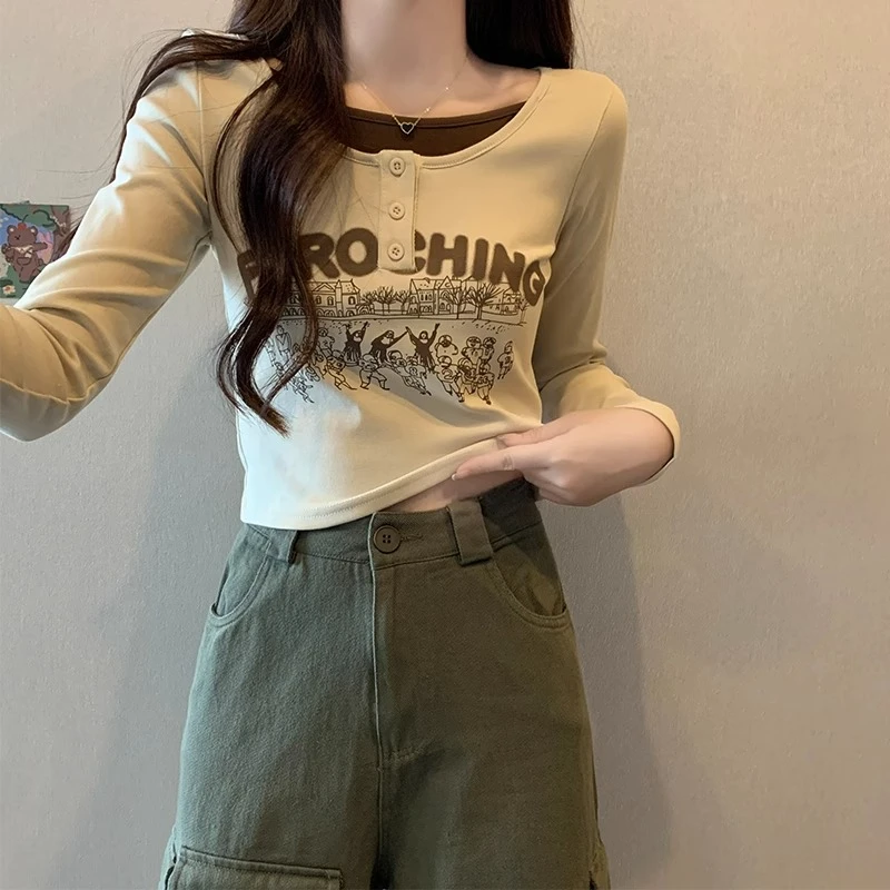 春秋冬拼色假两件长袖t恤女复古洋气辣妹正肩短款气质打底衫上衣