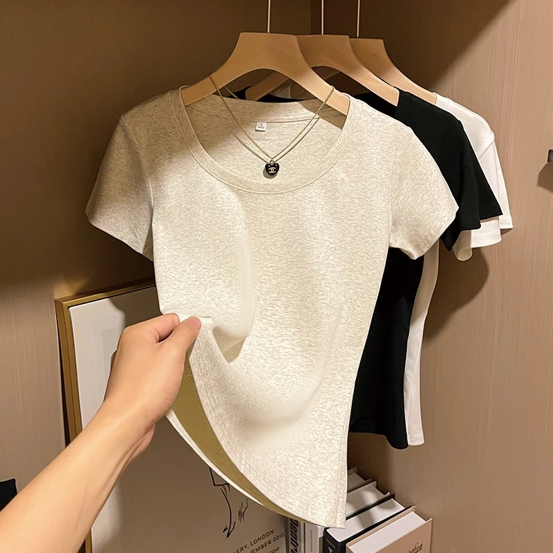 经典美式白色t恤女正肩基础u领短袖欧货夏季新款修身显瘦半袖上衣