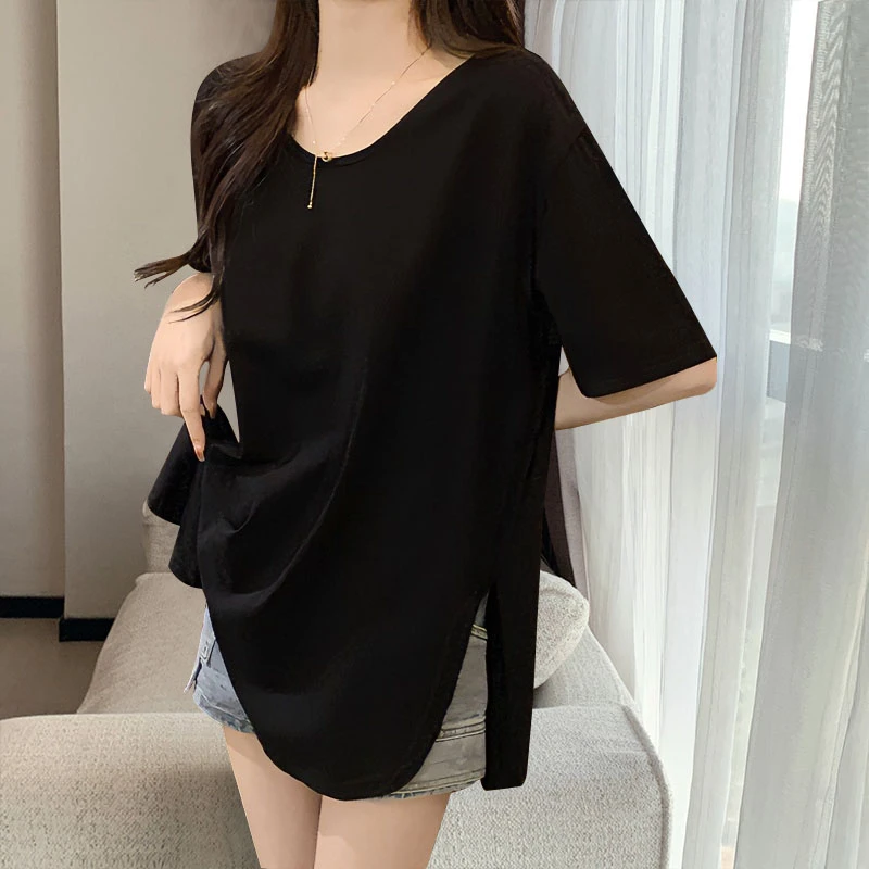 微胖mm中长款白色T恤女夏季欧货大版宽松开叉纯棉遮屁股显瘦上衣