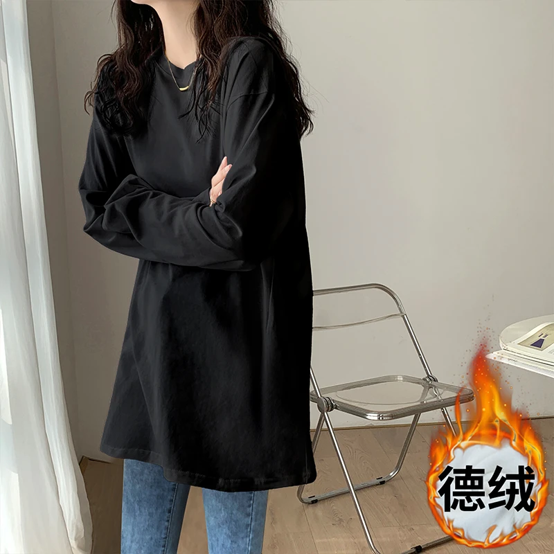 德绒黑色打底衫女内搭纯棉长袖春秋冬遮屁股宽松加绒保暖T恤洋气