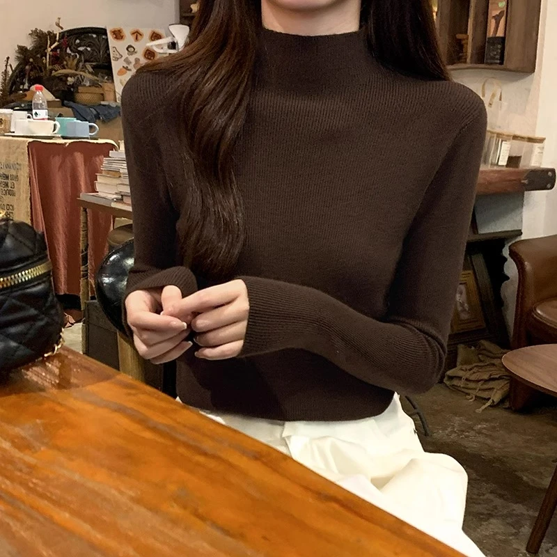 复古纯色长袖针织衫软糯毛衣女秋冬西装内搭修身半高领打底衫上衣