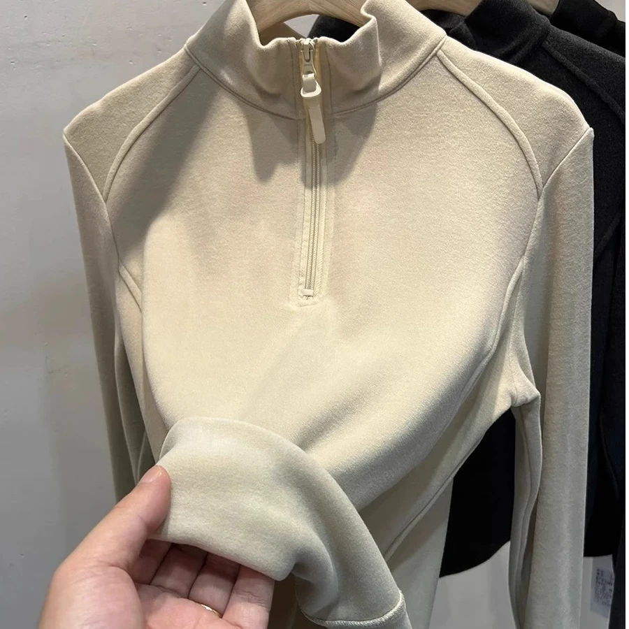 2024冬季新款半拉链立领澳绒加厚卫衣女加厚打底衫保暖宽松上衣潮