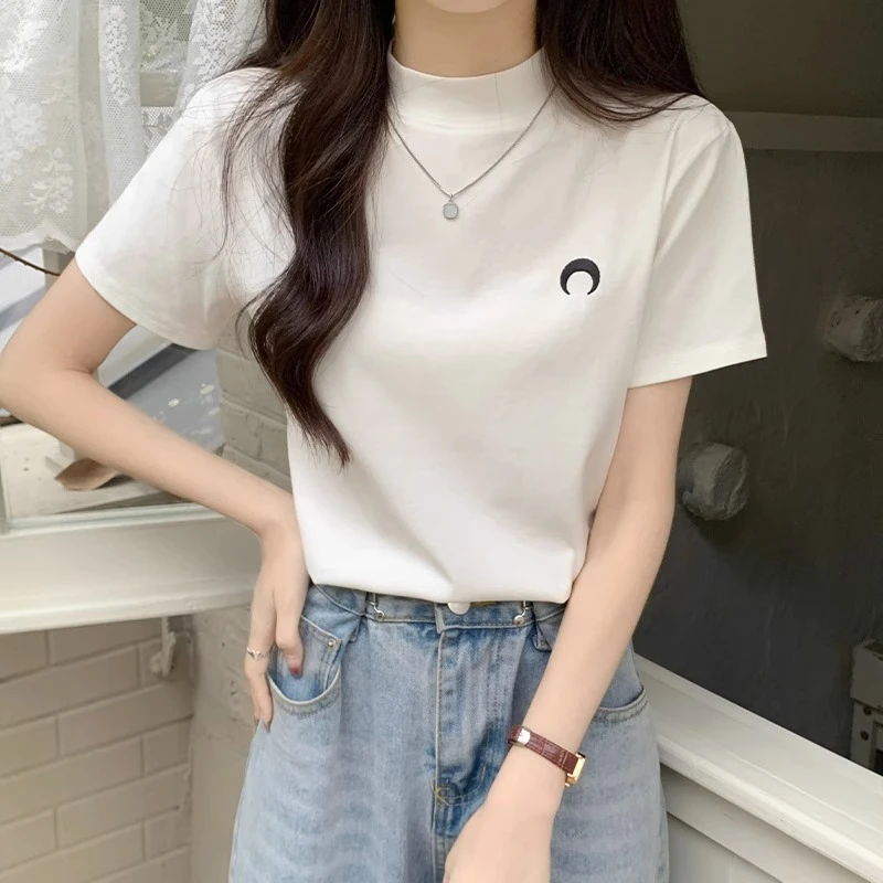 半高领t恤女装韩版宽松休闲百搭小众刺绣打底衫内搭白色上衣国潮