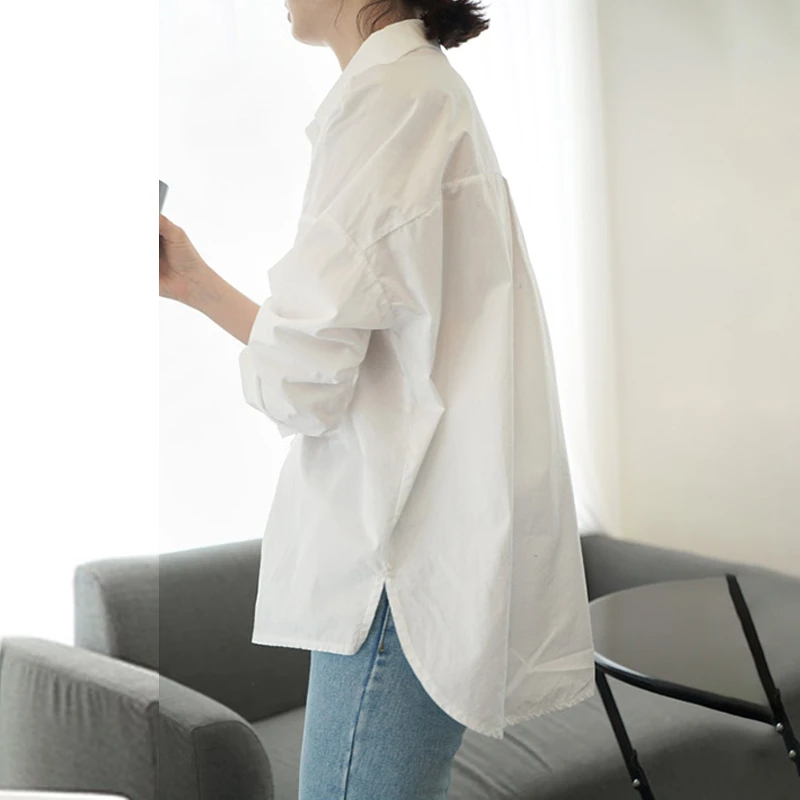 高端休闲白衬衣女2023春款新装纯色宽松韩版文艺纯棉衬衫上衣百搭