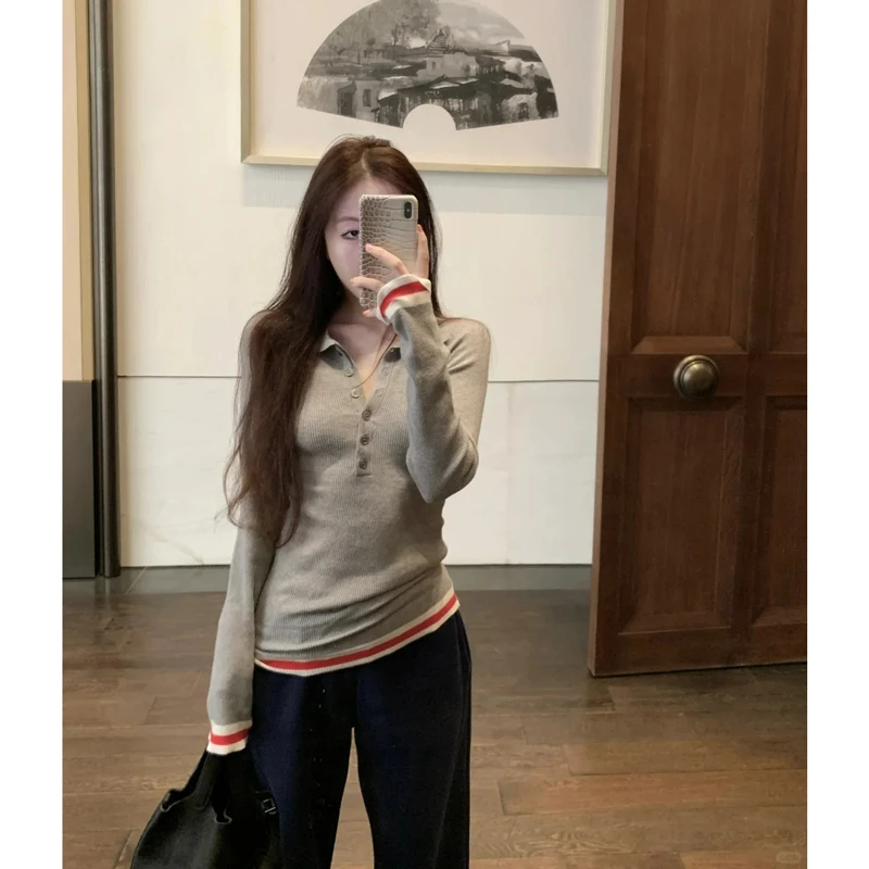 【现货】网红撞色纽扣polo领针织衫女春秋纯欲修身长袖学院风上衣