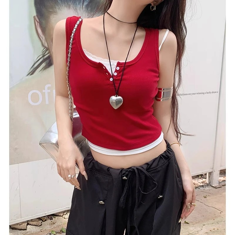 红色性感辣妹无袖吊带背心女夏季纽扣半开领设计感纯欲短款上衣服