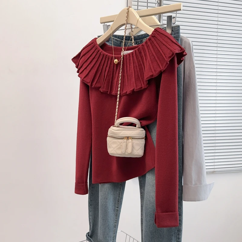 法式别致娃娃领红色毛衣秋冬新款荷叶边长袖针织衫法式气质上衣女