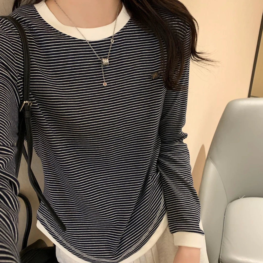 秋季新款egg细条纹撞色圆领显瘦韩版卫衣长袖时尚薄款打底修身