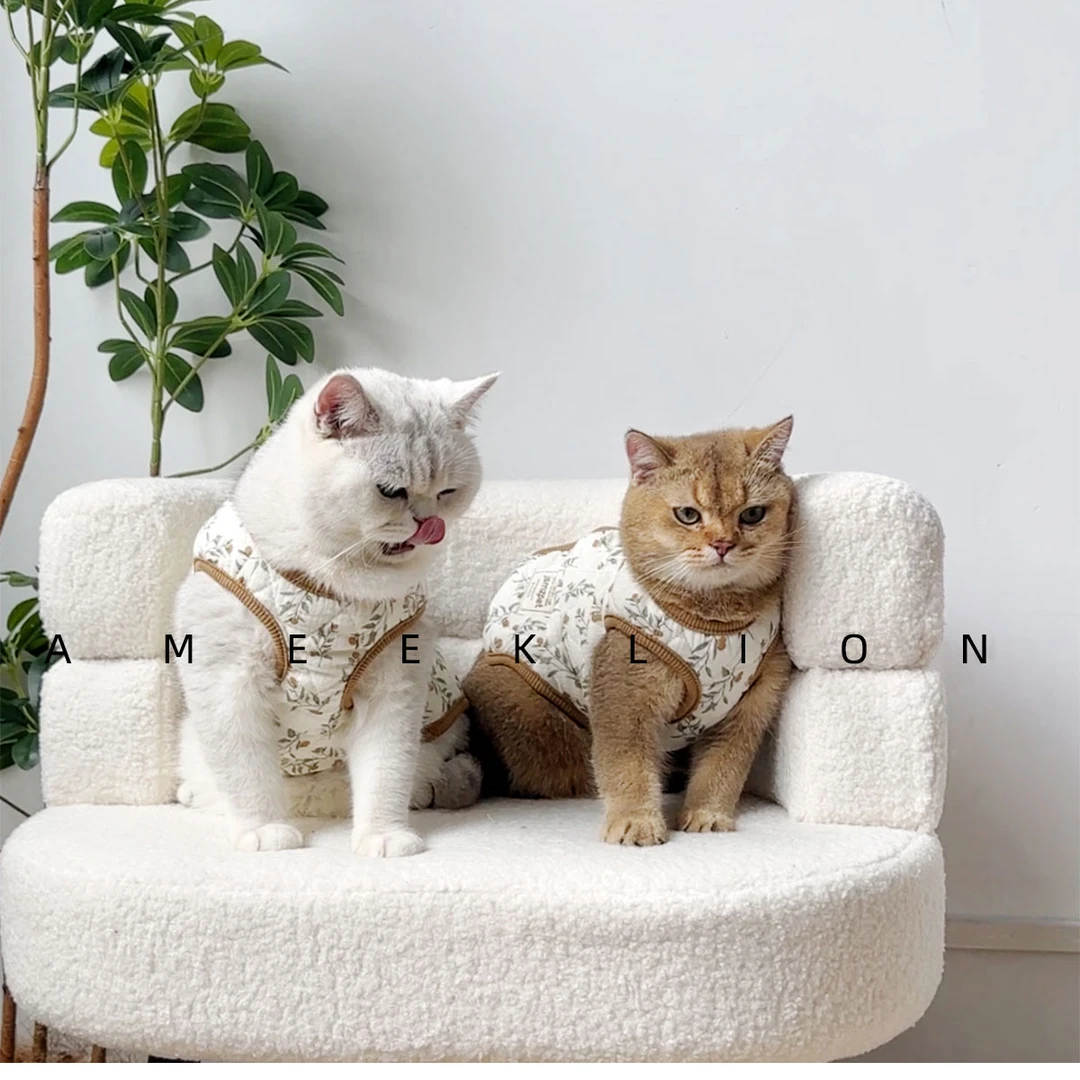 秋冬纯棉衣服猫咪衣服加厚复古碎花无袖马甲宠物狗狗保暖背心衣服