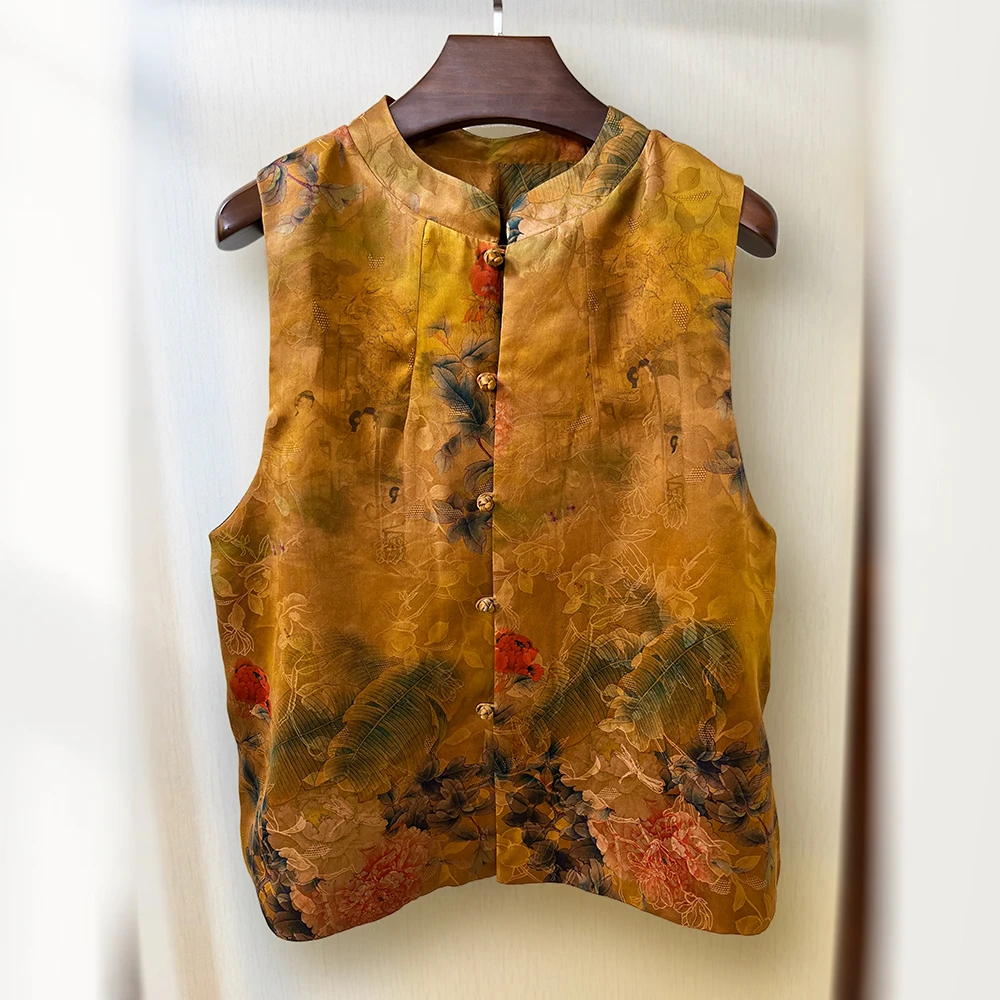 真丝花萝香云纱唐装外套马甲女立领手工盘扣复古秋季100%桑蚕丝