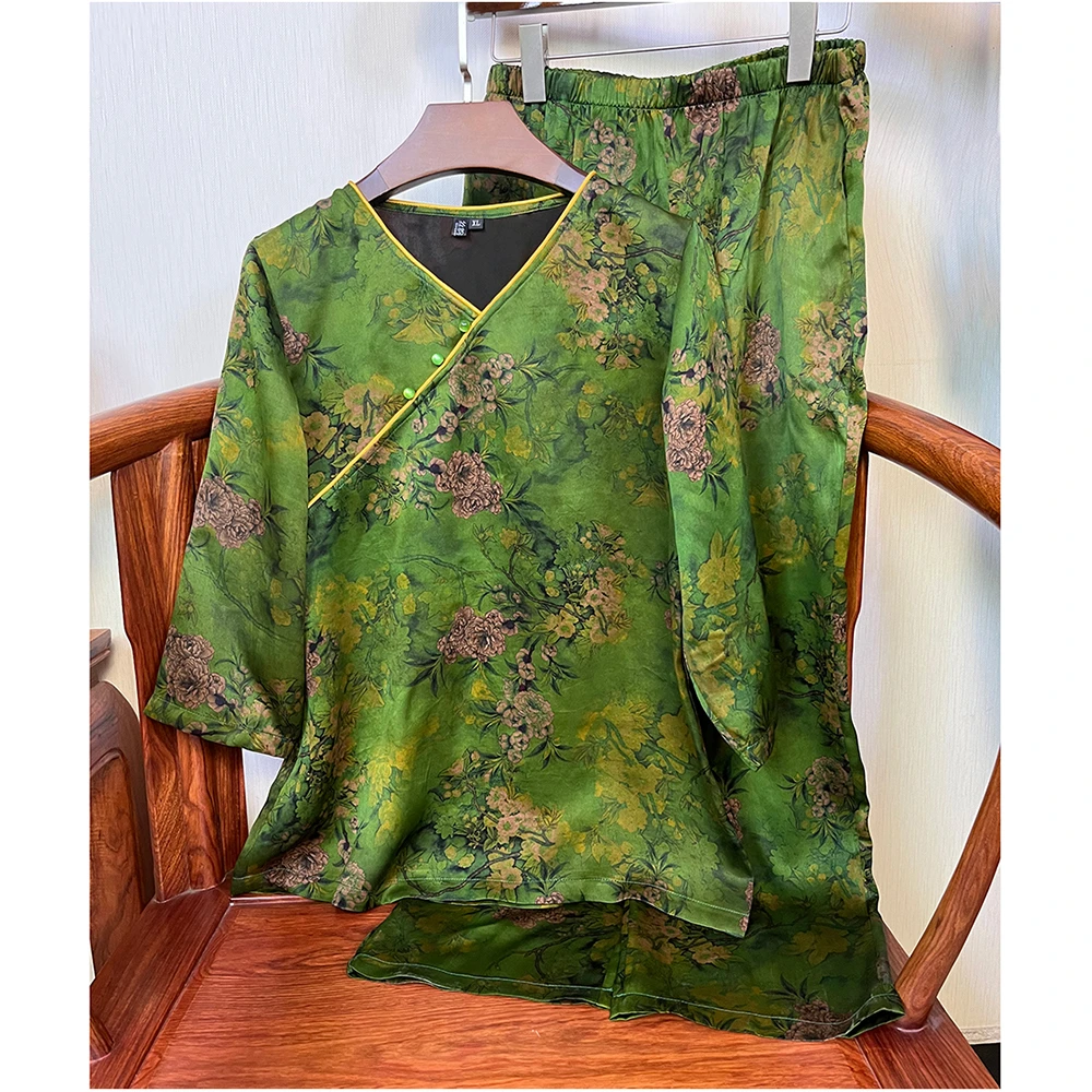 真丝香云纱睡衣女款复古奢华居家服改良汉服加厚30姆米印花国风
