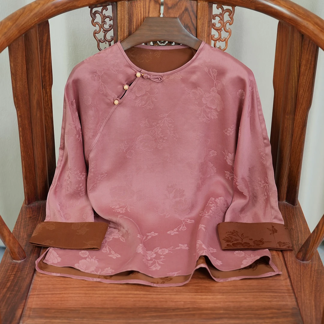 100%桑蚕丝新中式花萝香云纱上衣个性复古高档女装提花中国风气质